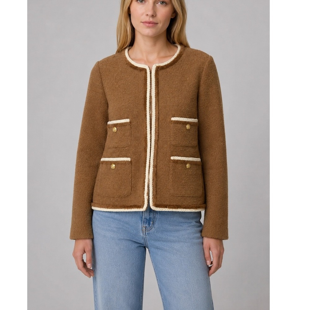 J.Crew Frances Lady Jacket Womens 14 Brown Tweed Gold Button Coat Quiet Luxury